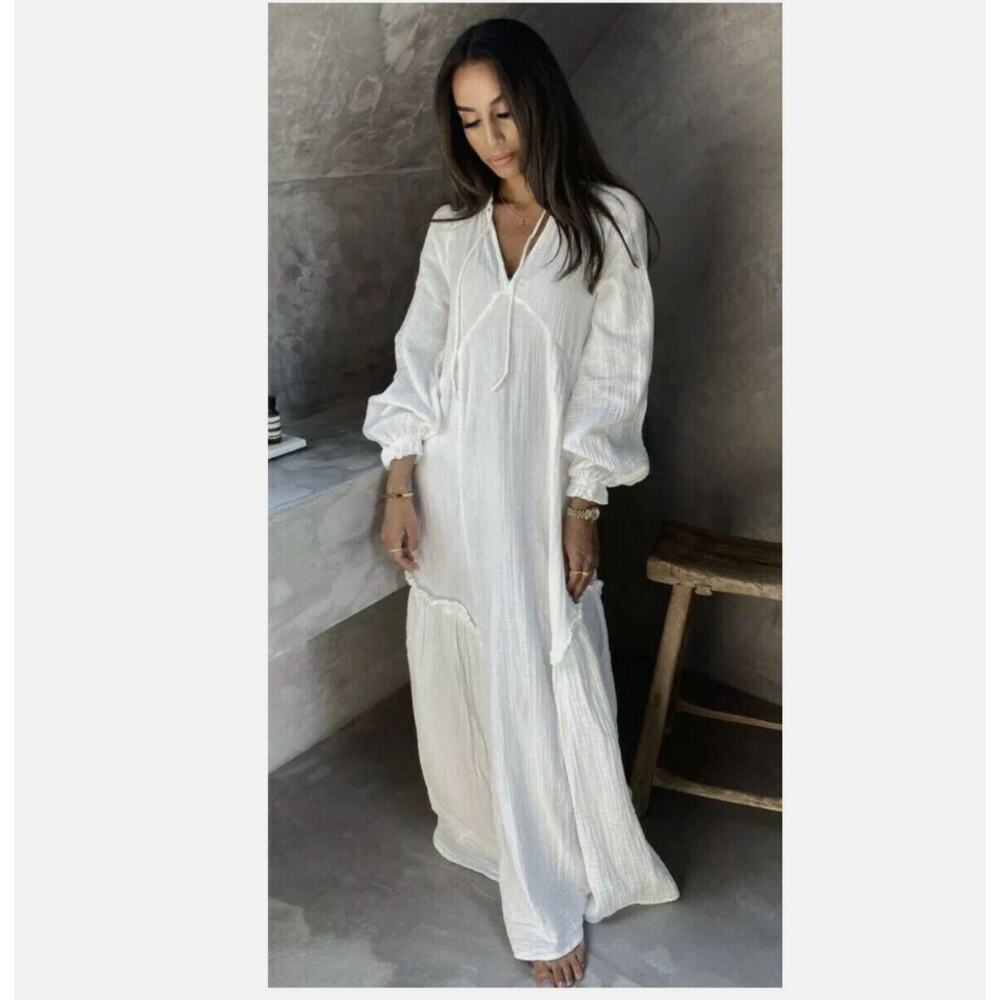 SOLD OUT H&M White Muslin Long Kaftan Dress Cotton Boho Dress Balloon sleeve